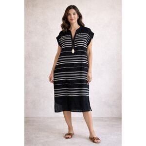 FOIL Linen Dress Women Size 4 Black Embroidered Stripe Shift Lagenlook Oversized